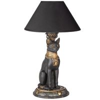 Shed new light on the Egyptian cat goddess Bastet with this fine feline sculpt fashioned into a dramatic and quite mesmerizing table lamp! Rising from a base inscribed with ur-Uatchti, winged sun disks to protect against evil, the clear-eyed Bastet basks in a warm glow beneath an ebony fabric shade. Cast in quality designer resin to capture details from the scarab at her collar to the gold ring in her ear, design Toscano-exclusive work of functional art is individually hand-painted in ebony and