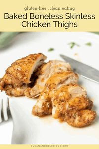 Baked boneless, skinless chicken thighs are inexpensive, delicious, and easy to cook. A simple spice rub is all you need to add tons of flavors before baking them in the oven. The results? Juicy, tender chicken that your whole family will love. #chicken #easy #baked #healthy