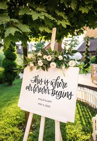 "This acrylic welcome wedding sign is a great way to welcome guests to your big day, and then repurpose as home decor after! This listing will include: \"This is where our forever begins\" First Name + First Name  Month DD, YYYY  PERSONALIZATION:  I will make the sign exactly how you type it. Please ensure you double check spelling and date. In between the first names you can include: +, &, or \"and\". The \"and\" will be in small cursive. Bride's name is typically listed first. DETAILS:  This i