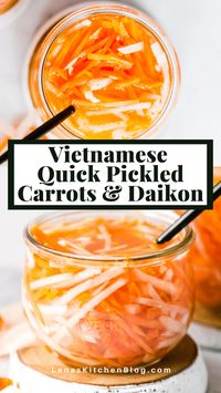 Make your Banh Mi sandwiches pop with these Vietnamese Quick Pickled Carrots and Daikon (Đồ Chua)! Ready to eat in just 15 minutes, the tangy flavors and delicious crunch of these pickled vegetables give sandwiches, grain bowls, and salads a much needed boost.