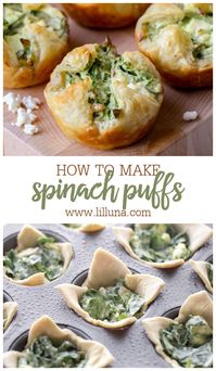 Buttery Spinach Puffs are cheesy and savory with pops of bacon. As you can imagine, they are a hit at parties! #spinachpuffs #cheesyspinachpuffs #spinach #appetizers #puffpastry