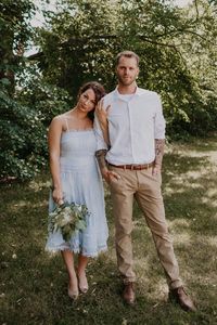 Backyard ceremony casual wedding dress. | Like what you see? See the full blog post for more backyard wedding inspiration. Photographed by Nicole Leanne Photography, Metro Detroit Lifestyle Wedding Photographer. | Casual Wedding | Minimony