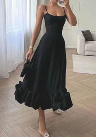 "Exude glamour in the Midnight Girl Flounce Bustier Banquet Party Midi Dress. With its sleek silhouette, dramatic flounce bustier, and elegant midi length, this dress is perfect for enchanting evenings and unforgettable moments."