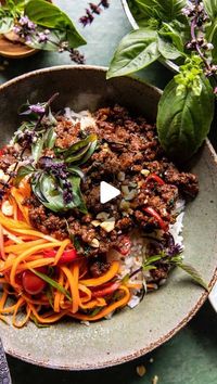 Tieghan Gerard on Instagram: "Thai Basil Beef and Lemongrass Rice Bowls. Tried and true staple around here. They take maybe 25 minutes to make and they’re so good. Use beef, chicken, pork, whatever your family loves. Delicious either way. 1 cup shredded carrots 1 bell pepper, sliced 1/2 cup cherry tomatoes, halved 2 green onions, chopped 2 tablespoons toasted sesame oil 2 tablespoons lime juice 1 tablespoon rice vinegar 1 tablespoon fish sauce or tamari 2 teaspoons honey Beef 1 pound lground beef (or chicken or pork) 4 cloves garlic, chopped 1 tablespoon fresh grated ginger black pepper 1/3 cup tamari or soy sauce 1/3 cup sweet Thai chili sauce (homemade sauce on the site) 2 cups Thai or sweet Italian basil Get the rice on site via the link below: https://www.halfbakedharvest.com/20-mi