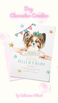 Cute watercolor Papillon dog greeting card. Let's paw-ty, dog birthday party invitation, fun invite diy, printable illustration card design. Belle is 3 today, please join us for a dog party. Create your own invitation, using 10 breeds English Cocker Spaniel, Pug, Boxer, Corgi, Jack Russell, Schnauzer, Papillon, Yorkshire Terrier, Pomeranian Spitz, Cavalier.