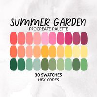 Introducing "Summer Garden" Procreate Color Palette! Elevate your digital artistry with the warm floral hues of Summer Garden! This meticulously curated palette of 30 swatches captures the wonder of summertime, offering a versatile range of colors and combinations to inspire your creative endeavors. WHAT'S INCLUDED: 1 .swatches file: Easily importable into Procreate for instant access to the Summer Garden color palette. 1 .pdf file with hex codes: Delve deeper into the palette with our bonus PDF