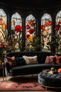 Immerse yourself in a living room that whispers Gothic romance. The stained glass windows, with their floral grace, cast a kaleidoscope of colors. Paired with plush seating, ornate furnishings, and fresh flowers, this space is where timeless elegance meets intimate opulence.