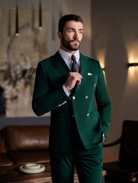 Color: green 73% polyester, 22% viscose, 5% elastane Suit includes blazer and trousers Double-breasted suit (6-button blazer) Lapel type: notch lapels Patch pockets Functioning buttoned cuffs Jacket interior lining option: fully-lined Jacket vent: double vent Fitting: slim-fit Care instructions: dry clean only Machine washable: no