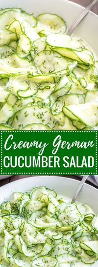 German Cucumber Salad (Gurkensalat) is light, refreshing, and so easy to make! Made with sour cream, vinegar, and dill this creamy summer salad is perfect for your next BBQ party or potluck. #summersalad #cucumbersalad