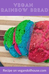 This vegan recipe shows how to make no knead, overnight rainbow bread 2 ways: a natural version using superfoods for color and a more vibrant version using food coloring. Both taste delicious and both are easy enough for a beginner to master. Rainbow bread is a fun way to add excitement to lunch, dinner, tea parties, and picnics. #vegandollhouse #cutefood #rainbow #bread #noknead #easy #recipe #vegan #colorful #superfood