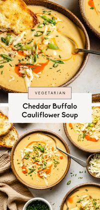 Delicious cheddar buffalo cauliflower soup packed with flavor from a whole head of roasted garlic, your favorite buffalo sauce, and savory cheddar cheese. This easy buffalo cauliflower soup is thick and creamy without using any cream. Enjoy as is or mix in your fav proteins for the perfect lunch or dinner!