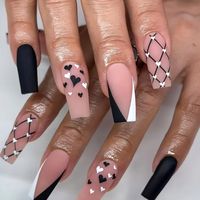 Long Length Matte Press On Nail Kit In Black And White. Heart Design