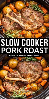 Savory aromas fill your house while this Slow Cooker Pork Roast is cooking. It's a simple Sunday dinner at its finest, and perfect for gathering everyone around the table. It's naturally gluten-free, dairy-free, and full of flavor. The pork shoulder roast cooks surrounded by carrots and potatoes making this a one-pot dinner. Herbs add flavor and dimension to this down-home classic, making it a recipe you'll come back to over and over again.