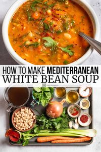 Mediterranean white bean soup recipe packed with protein, vitamins, spinach, dill, and parsley. An easy cannellini beans recipe.