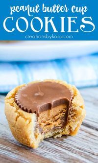 Amazing Reese's Peanut Butter Cup Cookies - made in muffin tins, these peanut butter cookies are always a favorite. Who can resist a soft, chewy peanut butter cookie stuffed with a peanut butter cup? #peanutbuttercupcookies #reesespeanutbuttercupcookies #peanutbutterchocolate #minipeanutbuttercupcookies #creationsbykara