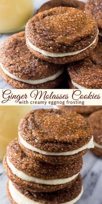 Indulge in the perfect Christmas cookie - two soft and chewy ginger molasses cookies with a creamy eggnog frosting in between. Get the recipe from Just So Tasty and bring holiday cheer to your taste buds. #cookies #holidays #eggnog #gingermolasses