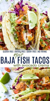 The Best Baja Fish Tacos loaded with cilantro lime slaw, zesty Avocado Crema and fresh Pico de Galo! These fish tacos are pan seared with a blackening spice, no frying or batter required! The perfect healthy dinner recipe everyone in your family will love! #easyfishtacos #cabbageslaw #saucerecipe #glutenfreerecipes