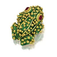 18 KARAT GOLD, RUBY AND ENAMEL FROG BROOCH, DAVID WEBB