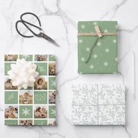 #ad: Photo collage wrapping paper featuring 12 square photos alternating with red squares embellished with white snowflakes, winter branches, and the phrase "Peace and Joy" in modern lettering. #zazzle #christmaswrappingpaper #holidaywrappingpaper #photowrappingpaper #photochristmaswrappingpaper #snowflakewrappingpaper