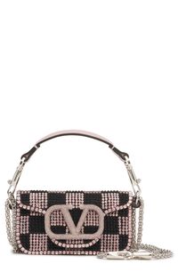 A checkerboard of beads and crystal trim bring glam appeal to this leather shoulder bag that showcases a '90s-inspired silhouette and iconic VLOGO hardware. 7 1/2"W x 4"H x 2"D. (Interior capacity: extra-small.) 5"strap drop; 13"-23"strap drop 1.20lb Magnetic-snap flap closure Removable top carry handle; removable pull-through chain strap Interior wall pocket Structured silhouette with level base for stability Leather lining Leather Made in Italy Designer Handbags