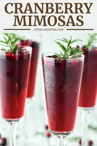 With fresh cranberry juice, orange liqueur and champagne, this cranberry mimosa is the perfect drink to start the holidays. #cranberrymimosas #mimosas #holidaymimosas #holidaycocktails | chiselandfork.com