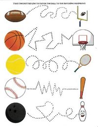 Tracing activity page: trace the dotted lines from the ball to the related sports equipment!Early Childhood Education, Preschool, PreK, Kindergarten, Toddler, Lesson Plan, Fine Motor Skills, Tracing, Worksheet, Sports, Printable, Balls...