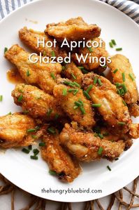 Sweet and spicy hot apricot glazed chicken wings, easy recipe for game day, appetizers or dinner. #thehungrybluebird #chickenwings #hotapricotwings #sweetspicyglazedwings #sweetandspicywings #appetizers #snacks #gamedayfood #tailgatefood