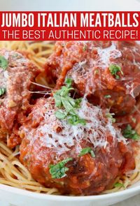 Indulge in these giant Italian meatballs, perfectly paired with marinara sauce and nestled atop a bed of spaghetti. They're generously sized, incredibly juicy, tender, and bursting with authentic Italian flavors.