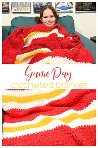 Crochet a soft, warm, cuddly blanket in your team colors, perfect for watching the game. Work the stripes in your favorite teams colors with this simple throw blanket pattern. Made with super bulky blanket yarn and double crochet stitches.