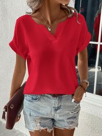 Women Plain Simple Casual Short Sleeve Blouse Red Casual  Short Sleeve Woven Fabric Plain Top Non-Stretch  Women Clothing, size features are:Bust: ,Length: ,Sleeve Length: