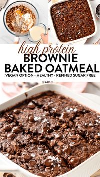 This Baked Brownie Oatmeal is a creamy chocolate baked oatmeal recipe filled packed with 9 grams protein per serve for a fulfilling healthy breakfast