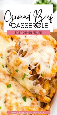 Simple yet packed with flavor this Ground Beef Casserole is an easy dinner recipe that's budget friendly. Plus, kids love it! A yummy mixture of pasta, ground beef, marinara sauce, cheese and seasonings. Perfect for the freezer and making ahead of time.