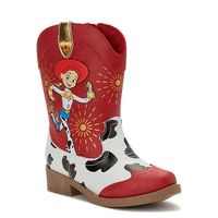 Yee haw! Your little girl is going to love these adorable Cowboy Boots featuring Jessie from Disney Pixars Toy Story movies. The boots have a white a black cow print on the bottom part of the boot, with a red shaft and red toe. Jessie artwork is featured prominently on the shaft, and printed stitch detailing on the vamp adds to the Western look. A full length zipper runs the length of the shaft on the inside of the boot for easy-on/easy-off. A brown outsole and low heel complete the look. Size: