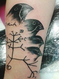 My first Tattoo: Darwins first scribble of the tree of life out of his notebook and aditionally 4 Darwin Finches :)