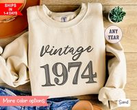 Celebrate the iconic year of 1974 with this vintage-inspired 50th birthday crewneck sweatshirt, a perfect gift for both men and women. Featuring a stylish retro design, this pullover proudly showcases the timeless birth year of 1974 for a nostalgic and cherished birthday celebration. Interested in the t-shirt with the same design? If so, take a look right here: https://www.etsy.com/listing/1664257025/ We print using direct-to-garment (DTG) technology on heavy blend Gildan 18000 Unisex Crewneck Sweatshirt. This stay-in-style sweatshirt fits like a well-loved favorite. ⚠ This is NOT an embroidered sweatshirt. ✦ MAKE IT UNIQUE and Customize this sweatshirt for FREE!  (i.e. if you want the design in a different color, etc.) First, just shoot us a message BEFORE purchasing and we will work with