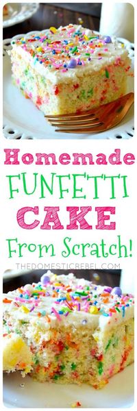 This Homemade Funfetti Cake from scratch is so delicious! Moist, soft, fluffy with a tender crumb, this homemade vanilla cake is studded with sprinkles and topped with a creamy buttercream frosting! Great for feeding a crowd or just because!