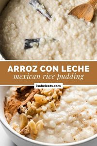 Arroz con Leche (or Mexican Rice Pudding) is a comforting, simple, and easy dessert made from a few ingredients including long-grain white rice, sugar, milk, and cinnamon sticks. It can be served hot or cold, and is eaten year round!