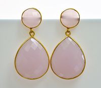 Double Faceted  Natural Pink Rose Chalcedony Vermeil Gold bezel set stud post Earrings - Large Gemstone - October Birthstone