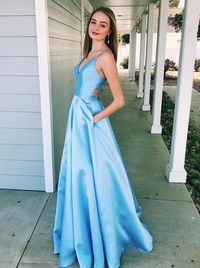 simple blue v-neck satin prom dresses, chic long cut out prom dresses, modest lace up back prom dresses with pockets#prom #longpromdress #promdresses2019 #bluepromdresses #eveningdresses