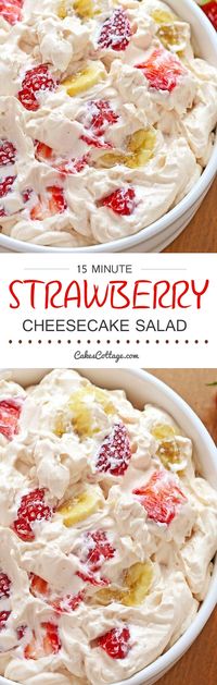 Strawberry Cheesecake Salad - or what I like to call a “potluck salad.” Rich and creamy cheesecake filling is folded into your favorite berries to create the most amazing fruit salad ever!