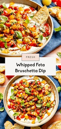 Flavorful bruschetta dip with a creamy, savory whipped feta base and a drizzle of sweet balsamic glaze. Serve this easy feta bruschetta dip with homemade garlic crostini for a crowd-pleasing appetizer or snack that uses up fresh summer tomatoes and basil!