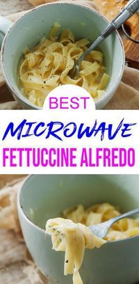 Check out this microwave fettuccine Alfredo. Easy and simple microwave recipes that everyone will love. Great quick & simple recipes for snacks, side dishes, appetizers, microwave lunch or quick microwave dinner for 1. Microwave mug pasta for the BEST fettuccine Alfredo. #lunch #dinner