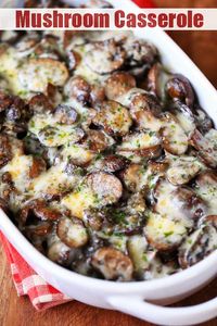 Deliciously cheesy mushroom casserole is wonderfully flavored with onions, thyme, and melted gruyere. Made without breadcrumbs, it's healthy and keto.