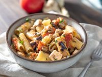 Rigatoni with swordfish, tomatoes, and eggplant (rigatoni con pesce spada e melanzane) is an easy, breezy Sicilian summertime classic.