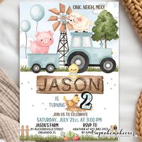 Blue tractor farm birthday invitations to celebrate your boy hanging out with the barnyard animals and different species of birds.