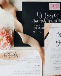 Blush pink modern wedding invitations with gold foil stamping. Beautifully paired with black and white wedding envelopes.