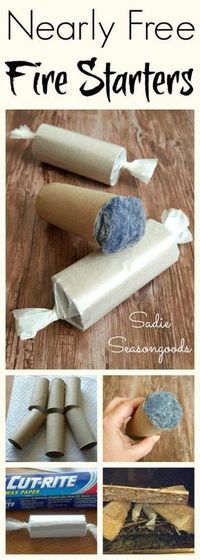 Create easy and nearly free DIY fire starters with items from your home that you'd normally throw out! Repurpose cardboard toilet paper tubes by filling them with dryer lint, and then wrap them in wax paper! Perfect repurpose / upcycle craft project for a