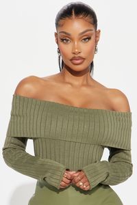 Available In Rust And Olive. Pullover Sweater Long Sleeve Off Shoulder Fold Over Detail Ribbed 69% Rayon 31% Polyester Imported | Try It Out Sweater in Olive Green size Large by Fashion Nova