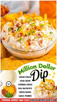 In just 5 minutes you can make this simple, creamy, 6-ingredient Million Dollar Dip that is bursting with cheese and bacon flavors!