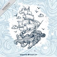 Hand drawn boat with waves background Free Vector